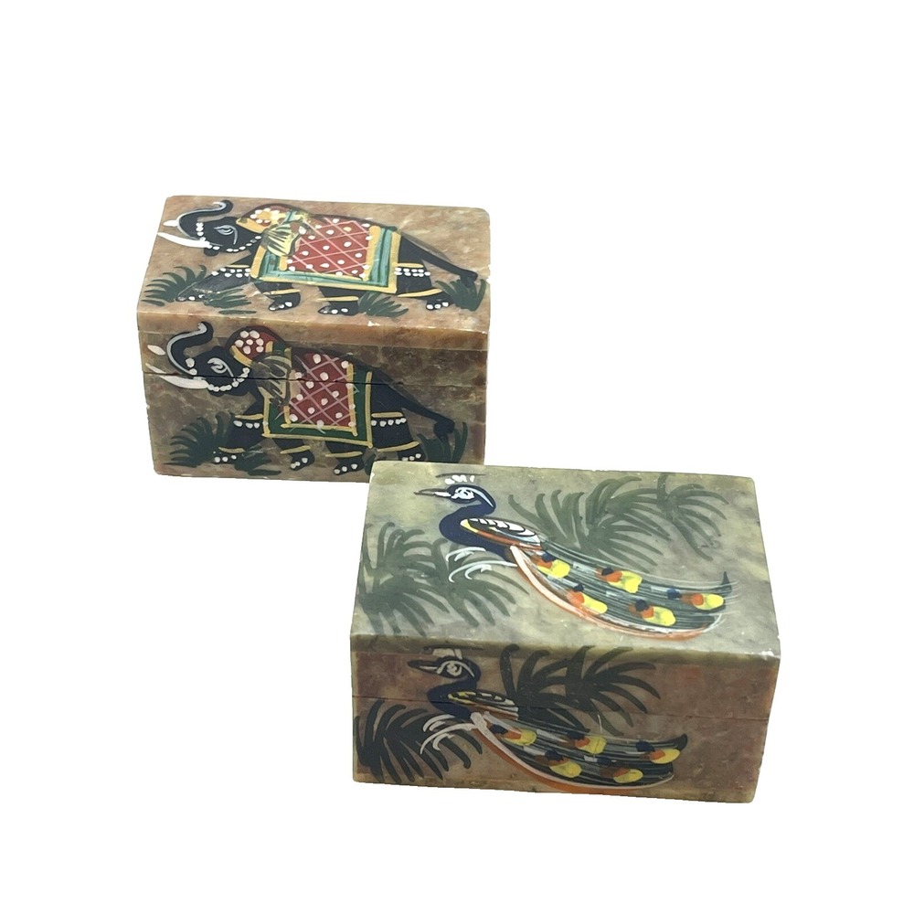 Hand Painted Handmade Soapstone Elephant & Peacock Trinket‎ Jewelry Boxes Set